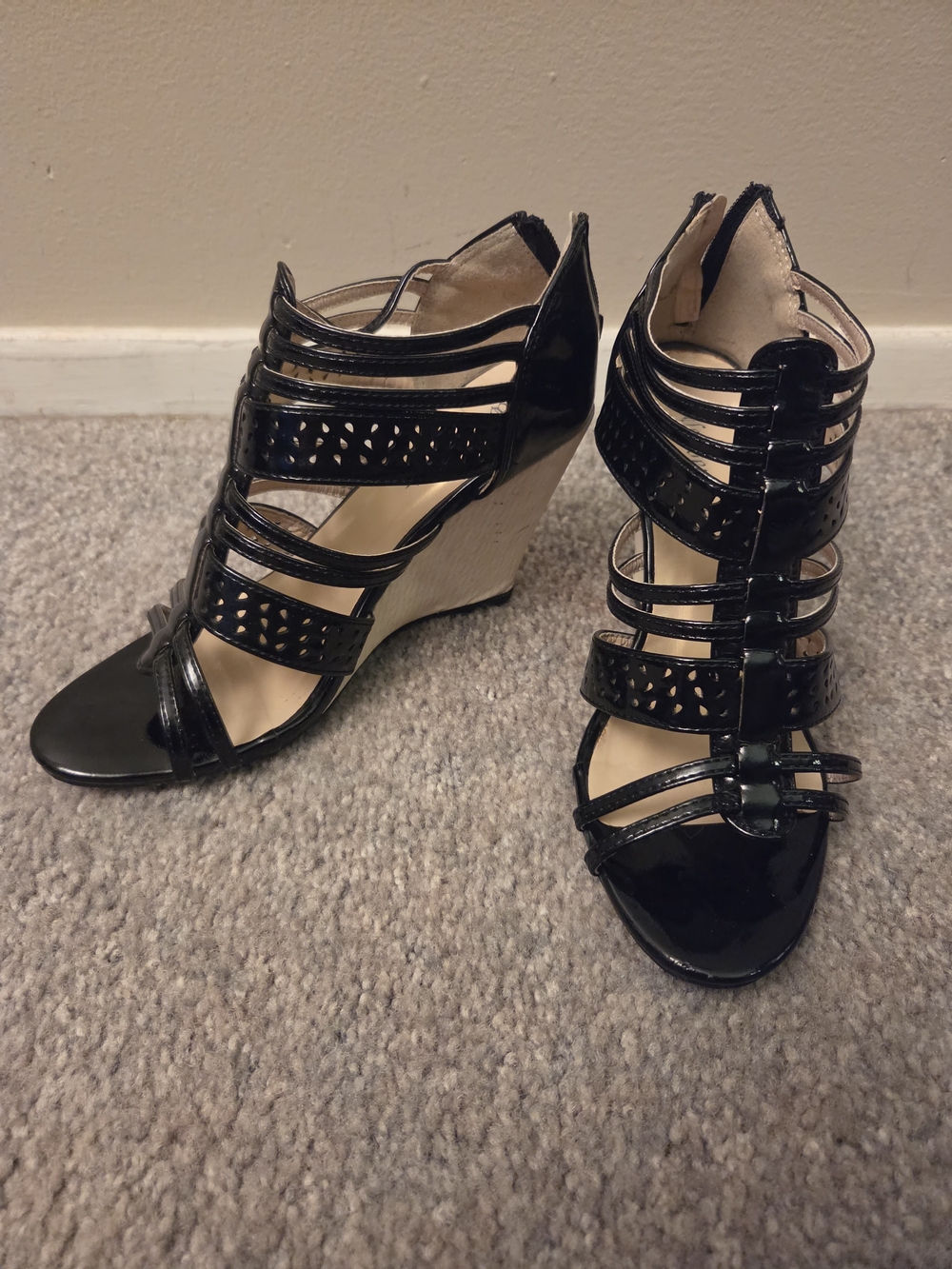Women's Black Strappy Patent Wedge Sandals